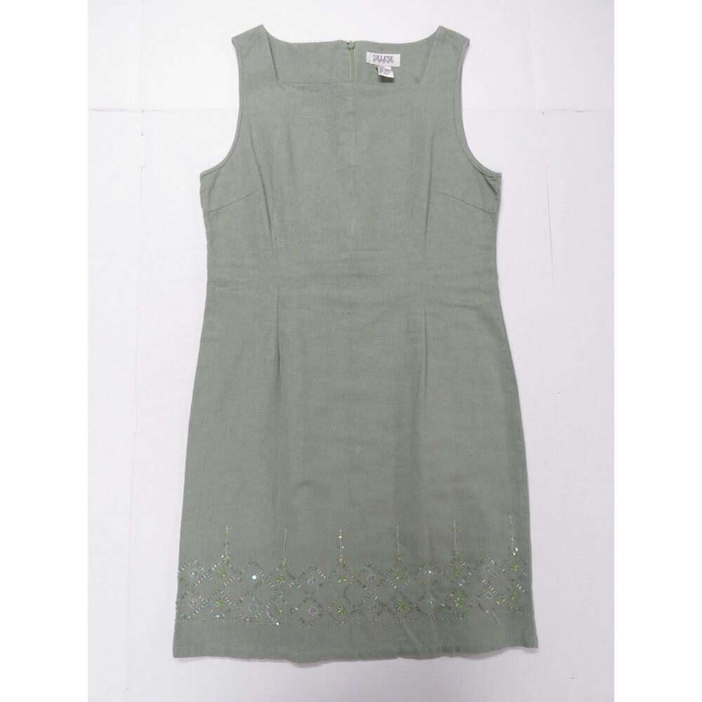 Vintage Linen Rayon Blend Women's Large Sheath Dress Beading Sequins Fall Autumn